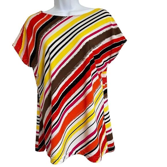 Peck & Peck Striped Pullover Top Boat Neck Cap Drop Shoulder Sleeves Multicolor - Picture 3 of 8